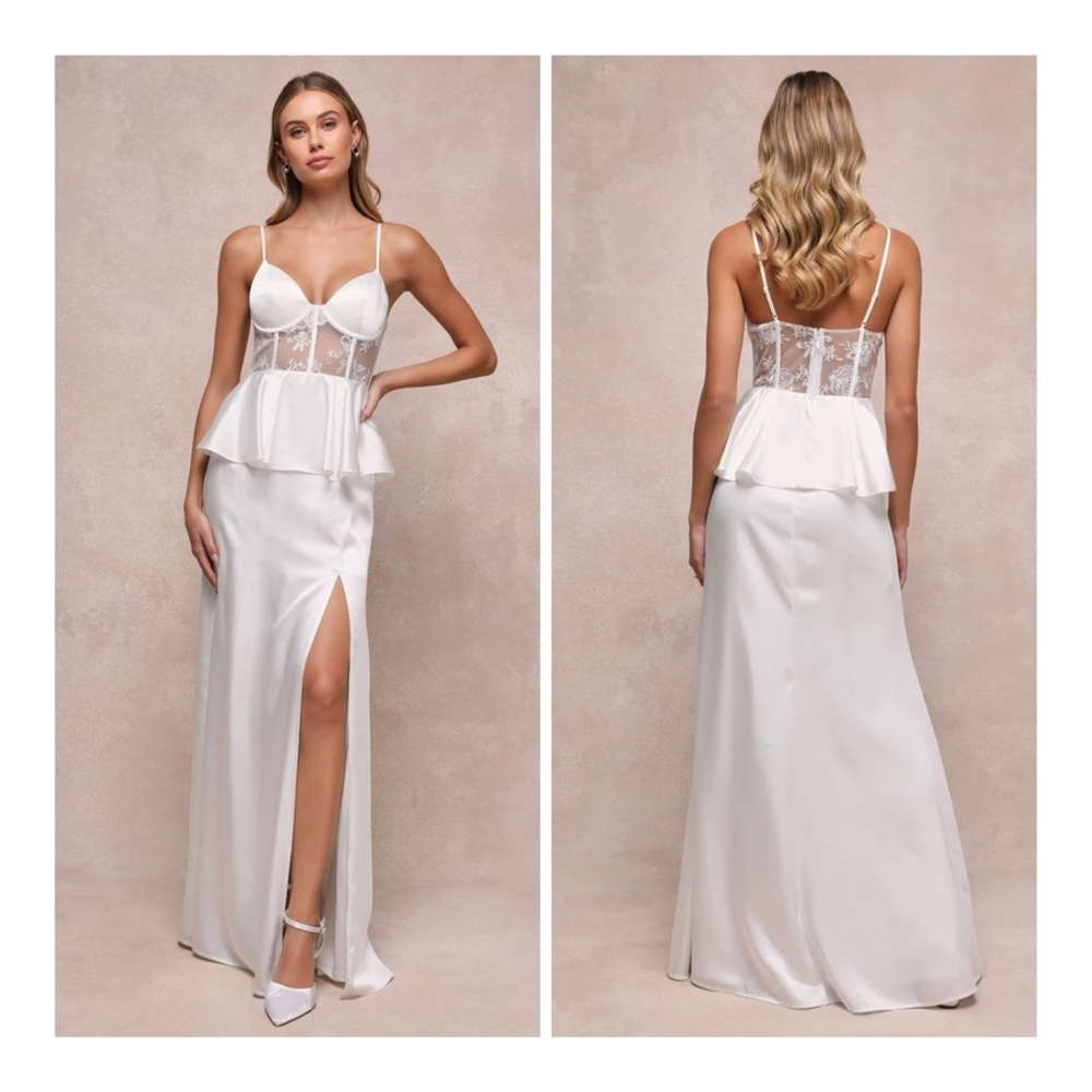 NEW Lulus Medium Iconic Adoration White Satin Peplum Sheer‎ Bustier Maxi Dress